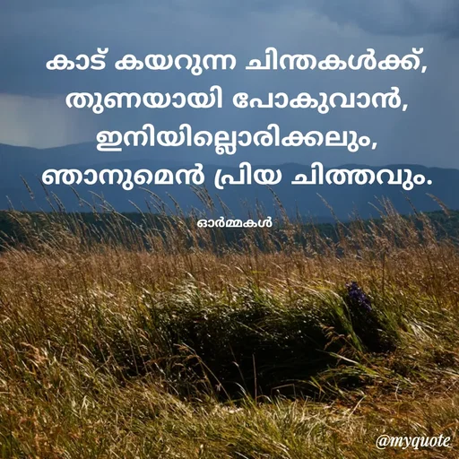 Quote by Ormakal - കാട് കയറുന്ന ചിന്തകൾക്ക്,
തുണയായി പോകുവാൻ,
ഇനിയില്ലൊരിക്കലും,
ഞാനുമെൻ പ്രിയ ചിത്തവും.

ഓർമ്മകൾ  - Made using Quotes Creator App, Post Maker App