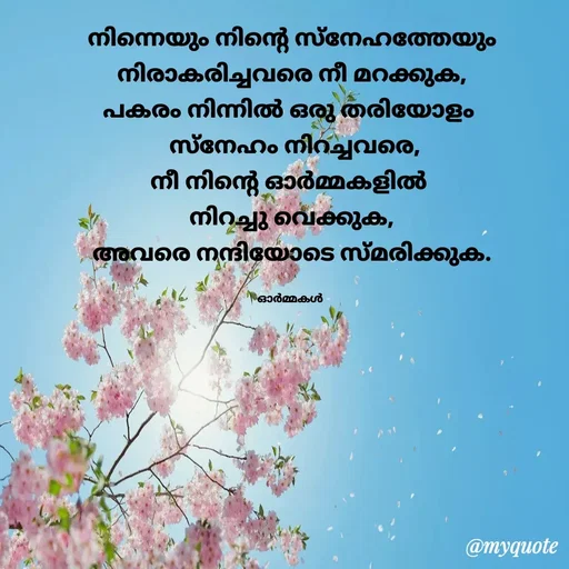 Quote by Ormakal - നിന്നെയും നിൻ്റെ സ്നേഹത്തേയും
നിരാകരിച്ചവരെ നീ മറക്കുക,
പകരം നിന്നിൽ ഒരു തരിയോളം 
 സ്നേഹം നിറച്ചവരെ,
നീ നിൻ്റെ ഓർമ്മകളിൽ 
നിറച്ചു വെക്കുക,
അവരെ നന്ദിയോടെ സ്മരിക്കുക.

ഓർമ്മകൾ  - Made using Quotes Creator App, Post Maker App