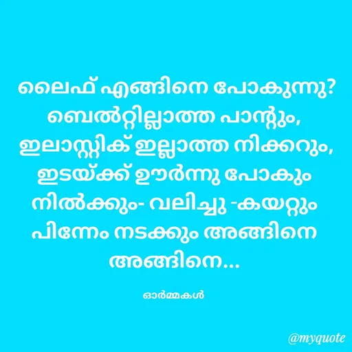 Quote by Ormakal -  ലൈഫ് എങ്ങിനെ പോകുന്നു?
ബെൽറ്റില്ലാത്ത പാൻ്റും,
 ഇലാസ്റ്റിക് ഇല്ലാത്ത നിക്കറും,
ഇടയ്ക്ക് ഊർന്നു പോകും
നിൽക്കും- വലിച്ചു -കയറ്റും
പിന്നേം നടക്കും അങ്ങിനെ അങ്ങിനെ...

ഓർമ്മകൾ  - Made using Quotes Creator App, Post Maker App