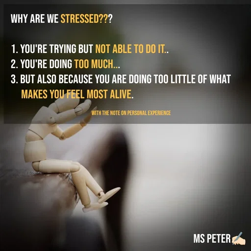 Quote by Sanjana Peter - Why are we Stressed???

1. You're trying but not able to do it..
2. You're doing too much...
3. But also because you are doing too little of what
     makes you feel most alive.

                                                                                       With the Note on Personal Experience - Made using Quotes Creator App, Post Maker App