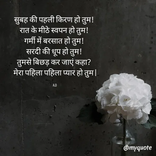 Quote by Abha Dwivedi - सुबह की पहली किरण हो तुम! 
रात के मीठे स्वपन हो तुम! 
गर्मी में बरसात हो तुम! 
सरदी की धूप हो तुम! 
तुमसे बिछड़ कर जाएं कहा? 
मेरा पहिला पहिला प्यार हो तुम |

A.D - Made using Quotes Creator App, Post Maker App
