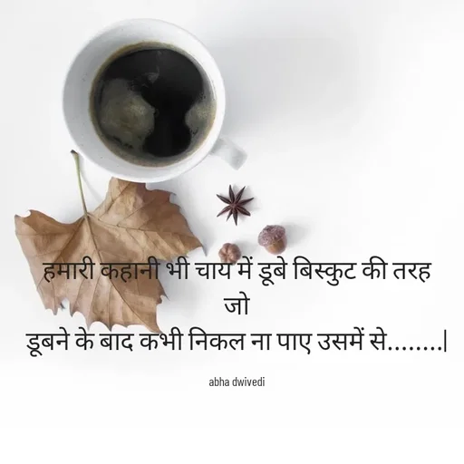 Quote by Abha Dwivedi - हमारी कहानी भी चाय में डूबे बिस्कुट की तरह
जो
डूबने के बाद कभी निकल ना पाए उसमें से........|

abha dwivedi - Made using Quotes Creator App, Post Maker App