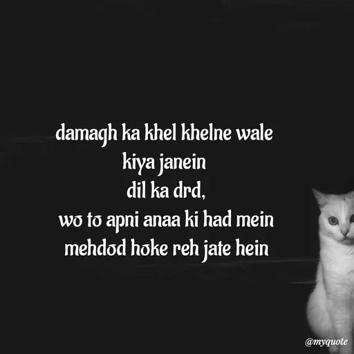 Quote by :) - damagh ka khel khelne wale 
kiya janein 
dil ka drd,
wo to apni anaa ki had mein
mehdod hoke reh jate hein
 - Made using Quotes Creator App, Post Maker App