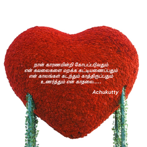 Quote by Achukutty - நான் காரணமின்றி கோபப்படுவதும் 
என் கவலைகளை மறக்க கட்டியணைப்பதும் 
என் காலங்கள் கடந்தும் காத்திருப்பதும் 
உணர்த்தும் என் காதலை…..  
 
                                                     Achukutty  - Made using Quotes Creator App, Post Maker App