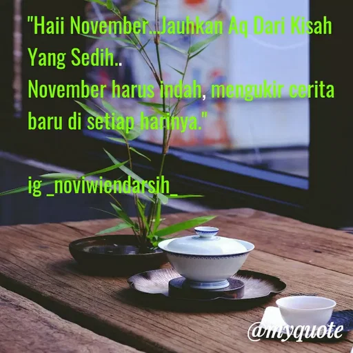 Quote by Novi Wiendarsih - "Haii November...Jauhkan Aq Dari Kisah Yang Sedih..
November harus indah, mengukir cerita baru di setiap harinya."

ig _noviwiendarsih_ - Made using Quotes Creator App, Post Maker App