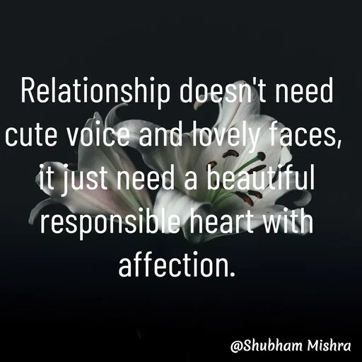 Quote by Shubham Mishra - Relationship doesn't need cute voice and lovely faces, 
it just need a beautiful responsible heart with affection.

 - Made using Quotes Creator App, Post Maker App