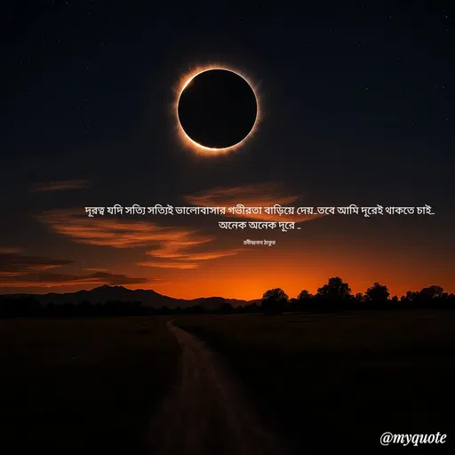 Quote by Fariya Jahan - দূরত্ব যদি সত্যি সত্যিই ভালোবাসার গভীরতা বাড়িয়ে দেয়_তবে আমি দূরেই থাকতে চাই_
অনেক অনেক দূরে _

রবীন্দ্রনাথ ঠাকুর  - Made using Quotes Creator App, Post Maker App