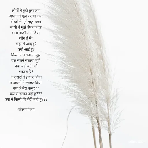 Quote by Khairun Nisha - लोगों ने मुझे बुरा कहा
अपनो ने मुझे पराया कहा 
दोस्तों ने मुझे जूठा कहा 
साथी ने मुझे बेफवा कहा
साथ किसी ने न दिया 
कौन हूं मैं?
कहां से आई हूं?
क्यों आई हूं?
किसी ने न बताया मुझे 
बस सबने सताया मुझे 
क्या यही बेटी की
इज्जत है ?
 न दूसरों ने इज्जत दिया
न अपनो ने इज्जत दिया 
क्या है मेरा कसूर??
क्या मैं इंसान नही हूं???
क्या मैं किसी की बेटी नही हूं???

-खैरून निशा  - Made using Quotes Creator App, Post Maker App