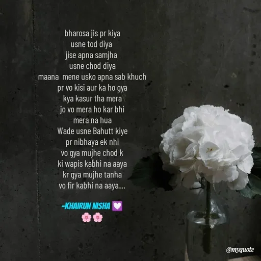 Quote by Khairun Nisha - bharosa jis pr kiya
usne tod diya 
jise apna samjha 
usne chod diya
maana  mene usko apna sab khuch
pr vo kisi aur ka ho gya
kya kasur tha mera
jo vo mera ho kar bhi
mera na hua
Wade usne Bahutt kiye
pr nibhaya ek nhi
vo gya mujhe chod k
ki wapis kabhi na aaya
kr gya mujhe tanha
vo fir kabhi na aaya....

-khairun Nisha 💟
🌸🌸 - Made using Quotes Creator App, Post Maker App