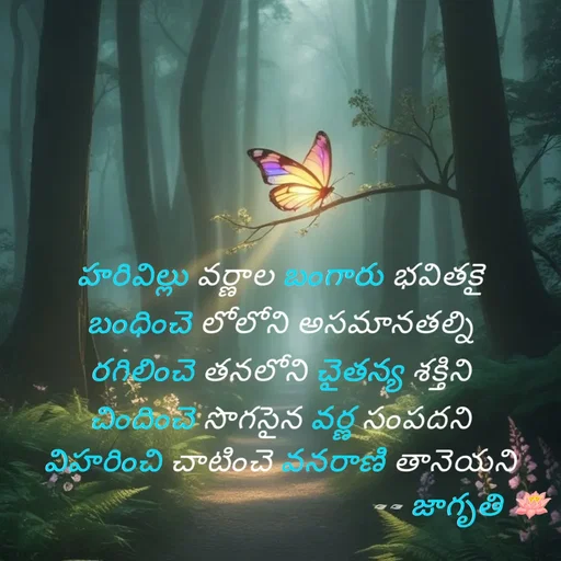 Quote by Krishnaa - హరివిల్లు వర్ణాల బంగారు భవితకై
బంధించె లోలోని అసమానతల్ని
రగిలించె తనలోని చైతన్య శక్తిని
చిందించె సొగసైన వర్ణ సంపదని
విహరించి చాటించె వనరాణి తానెయని
                                              -- జాగృతి 🪷 - Made using Quotes Creator App, Post Maker App