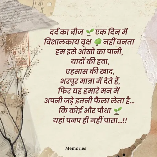 Quote by ๑❥๑Mohini - दर्द का बीज 🌱 एक दिन में 
विशालकाय वृक्ष 🌳 नहीं बनता
हम इसे आंखो का पानी,
 यादों की हवा,
 एहसास की खाद,
 भरपूर मात्रा में देते हैं,
फिर यह हमारे मन में 
अपनी जड़े इतनी फैला लेता है...
 कि कोई और पौधा 🌱
 यहां पनप ही नहीं पाता...!! - Made using Quotes Creator App, Post Maker App