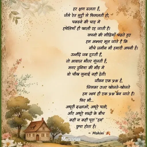 Quote by ๑❥๑Mohini - हर क्षण ढलता है,
जैसे रेत मुट्ठी से फिसलती हो,
पकड़ने की चाह में
हथेलियाँ ही खाली रह जाती हैं।
                            सपनों की सीढ़ियाँ चढ़ते हुए
                         हम अक्सर भूल जाते हैं कि
                                 नीचे ज़मीन भी हमारी अपनी है।
उम्मीदें जब टूटती हैं,
तो आवाज़ भीतर गूंजती है,
मगर दुनिया की भीड़ में
वो चीख सुनाई नहीं देती।
                           जीवन एक प्रश्न है,
                           जिसका उत्तर खोजते-खोजते
                           हम स्वयं ही एक प्रश्न बन जाते हैं।
फिर भी...
अधूरी इच्छाओं, अधूरे पलों,
और अधूरे शब्दों के बीच
कहीं न कहीं पूरा "हम"
छुपा होता है।
                ~ Mohini 🍂 - Made using Quotes Creator App, Post Maker App